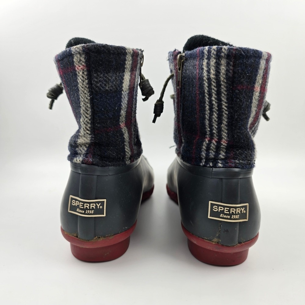 Sperry Saltwater Duck‎ Boots Womens 10 M Blue Red Wool Plaid Waterproof Rubber - Picture 8 of 12